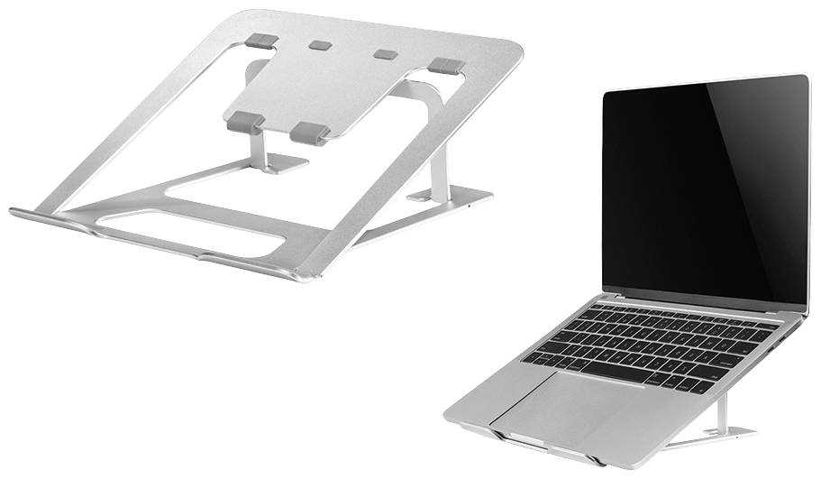 Přenosný počítač na hliníkovém stojanu zobrazuje levý stojan bez notebooku a vpravo notebook umístěný na stojanu, zvýšený pro lepší viditelnost a ergonomii.