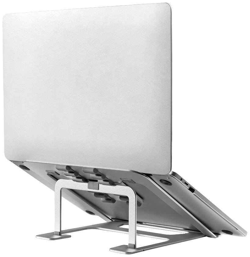 Stříbrný stojan na laptop, který drží zařízení v nakloněné poloze, čímž zlepšuje větrání a podporuje ergonomickou práci.