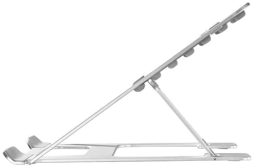 Stříbrný stojan na notebook s nastavitelnými stupni, zobrazený z boku, který umožňuje úpravu náklonu zařízení.