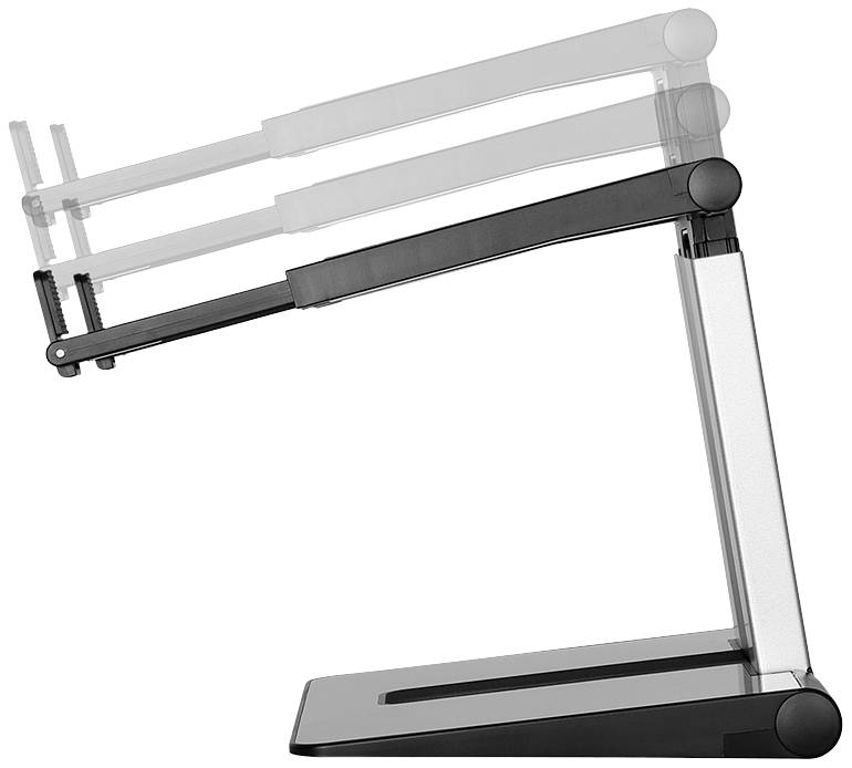 Ergonomické rameno monitoru s nastavitelnou výškou a náklonem, zobrazující rozsah pohybu. Ideální pro optimalizaci pracoviště.