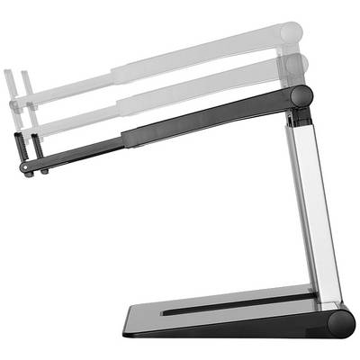 Ergonomické rameno monitoru s nastavitelnou výškou a náklonem, zobrazující rozsah pohybu. Ideální pro optimalizaci pracoviště.