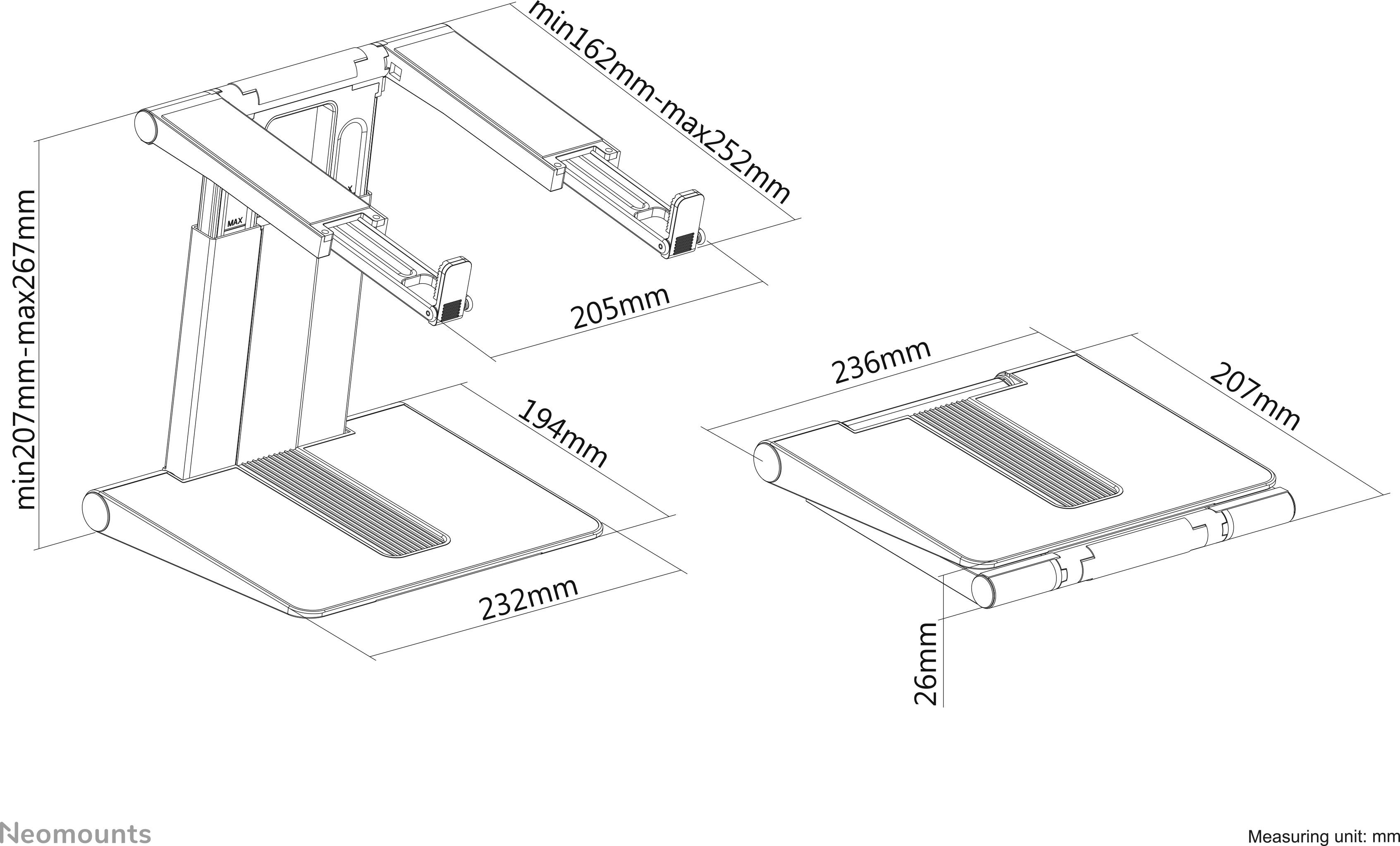 'Technický výkres výškově nastavitelného stojanu s rozměry: šířka 236 mm, výška 26 mm, proměnlivá hloubka 167-232 mm.'
