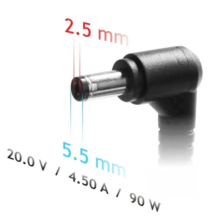 Stejnosměrný DC konektor s vnitřním průměrem 2,5 mm a vnějším průměrem 5,5 mm je znázorněn. Specifikace napětí: 20,0 V, 4,50 A, 90 W.