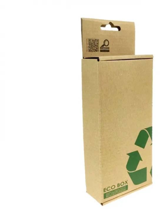 Obdélníková béžová krabice s zeleným recyklačním symbolem a nápisem 'Eco Box'. Materiál vypadá šetrně k životnímu prostředí.