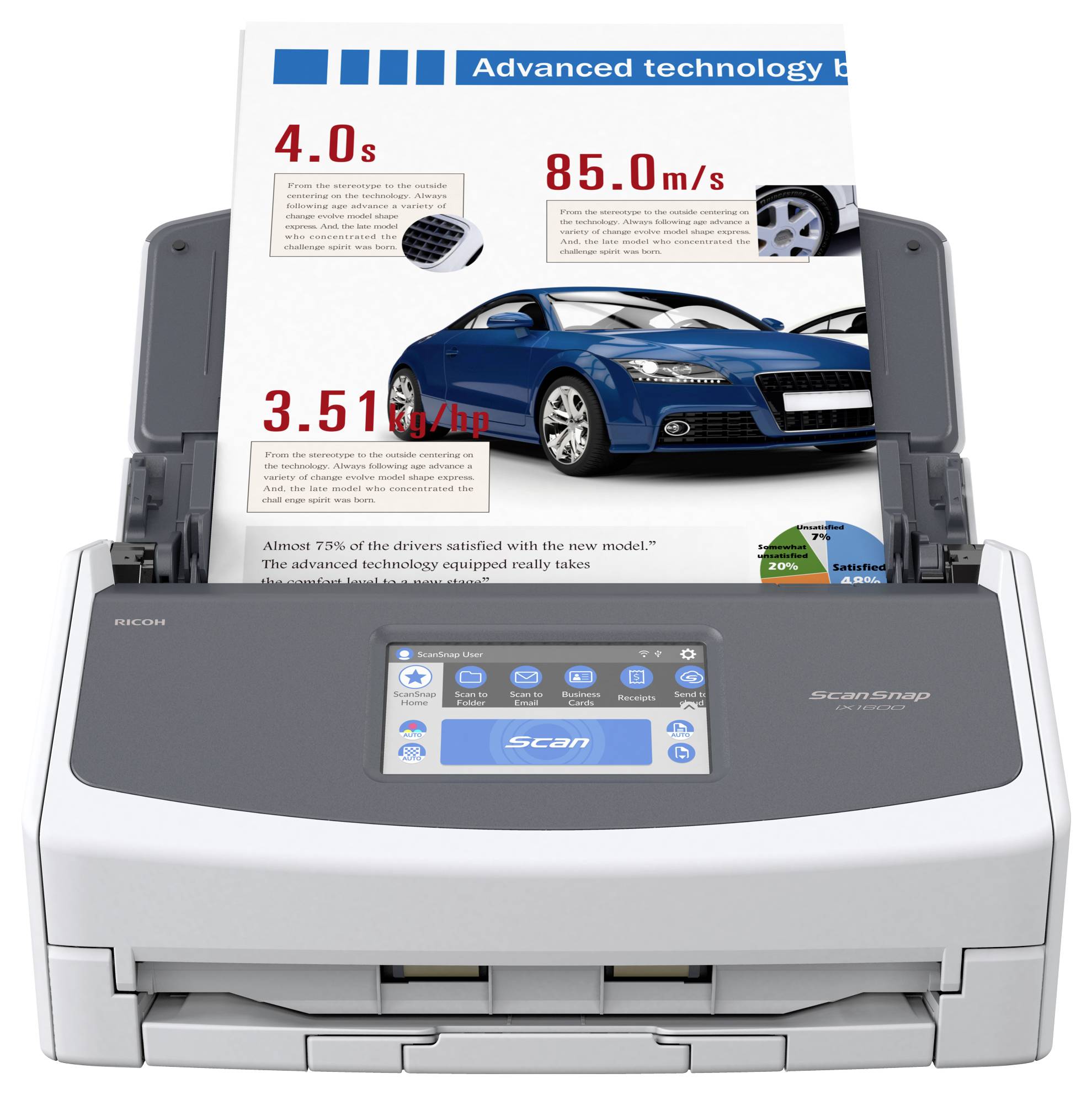 Stolní skener s brožurou o automobilu, který se právě skenuje. Brožura zdůrazňuje špičkové technologie a vlastnosti, jako jsou rychlost a výkon motoru.