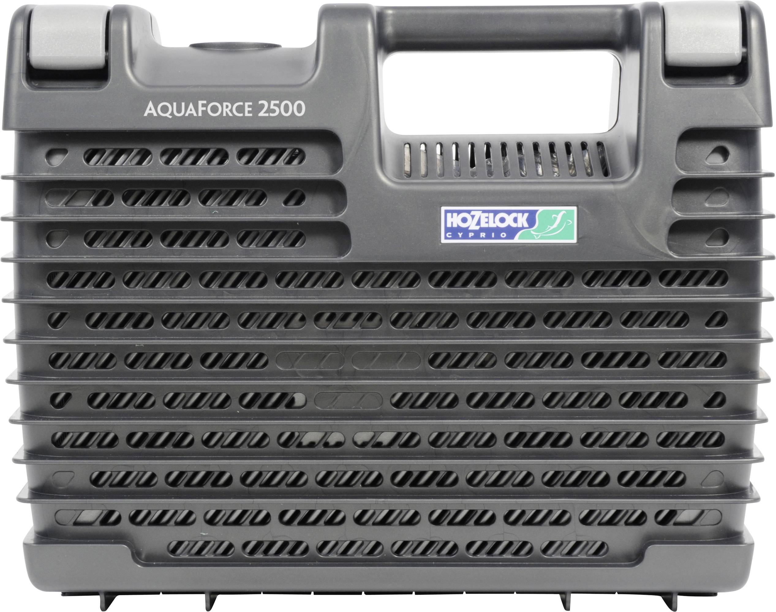 Černé čerpadlo s nápisem 'Aquaforce 2500' a logem Hozelock uprostřed. Má ergonomický design s dobrou uchopitelností.
