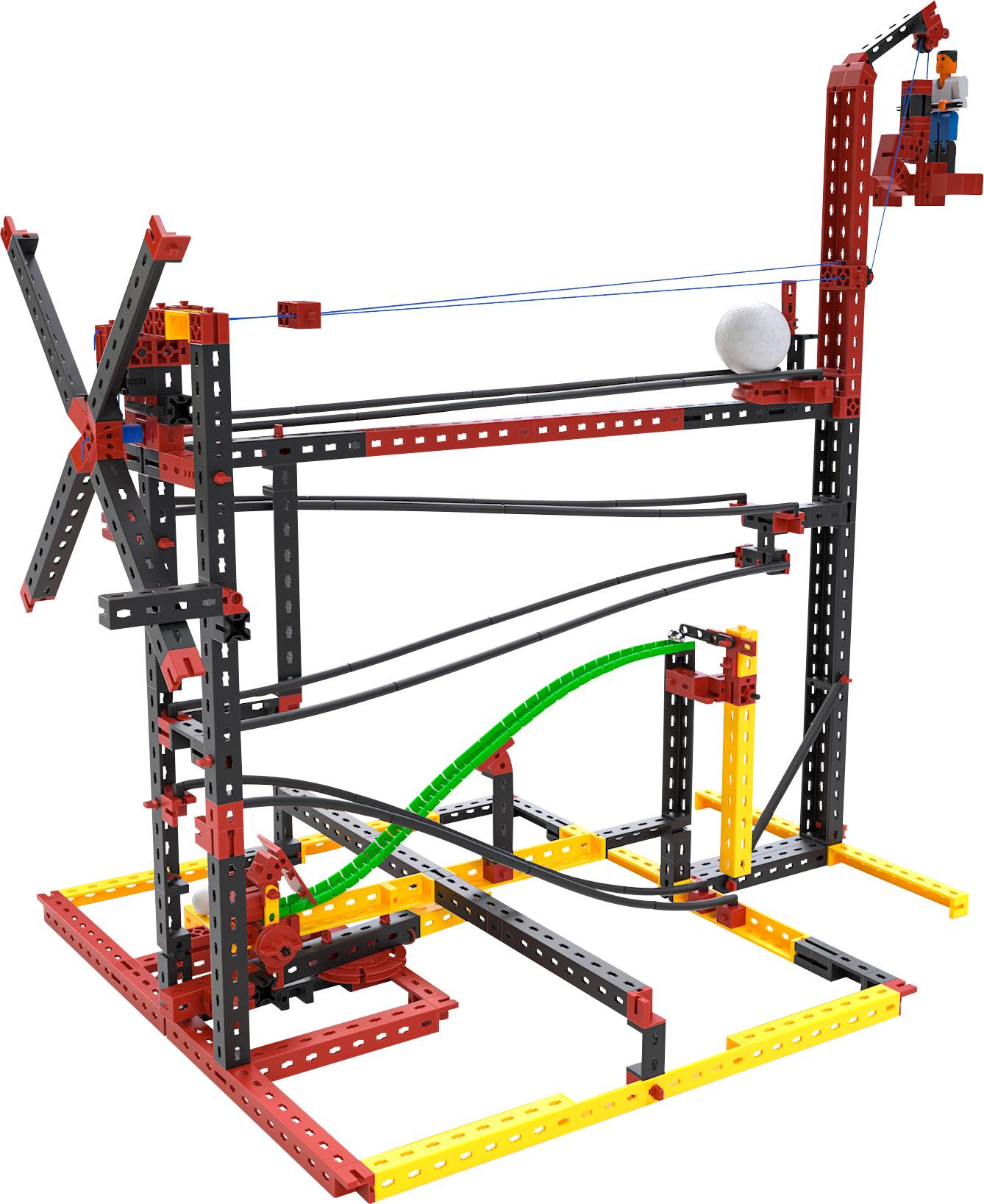 Model kuličkové dráhy z kovových tyčí s koulí, která se pohybuje různými tratěmi a mechanismy, převážně v červené a černé barvě.