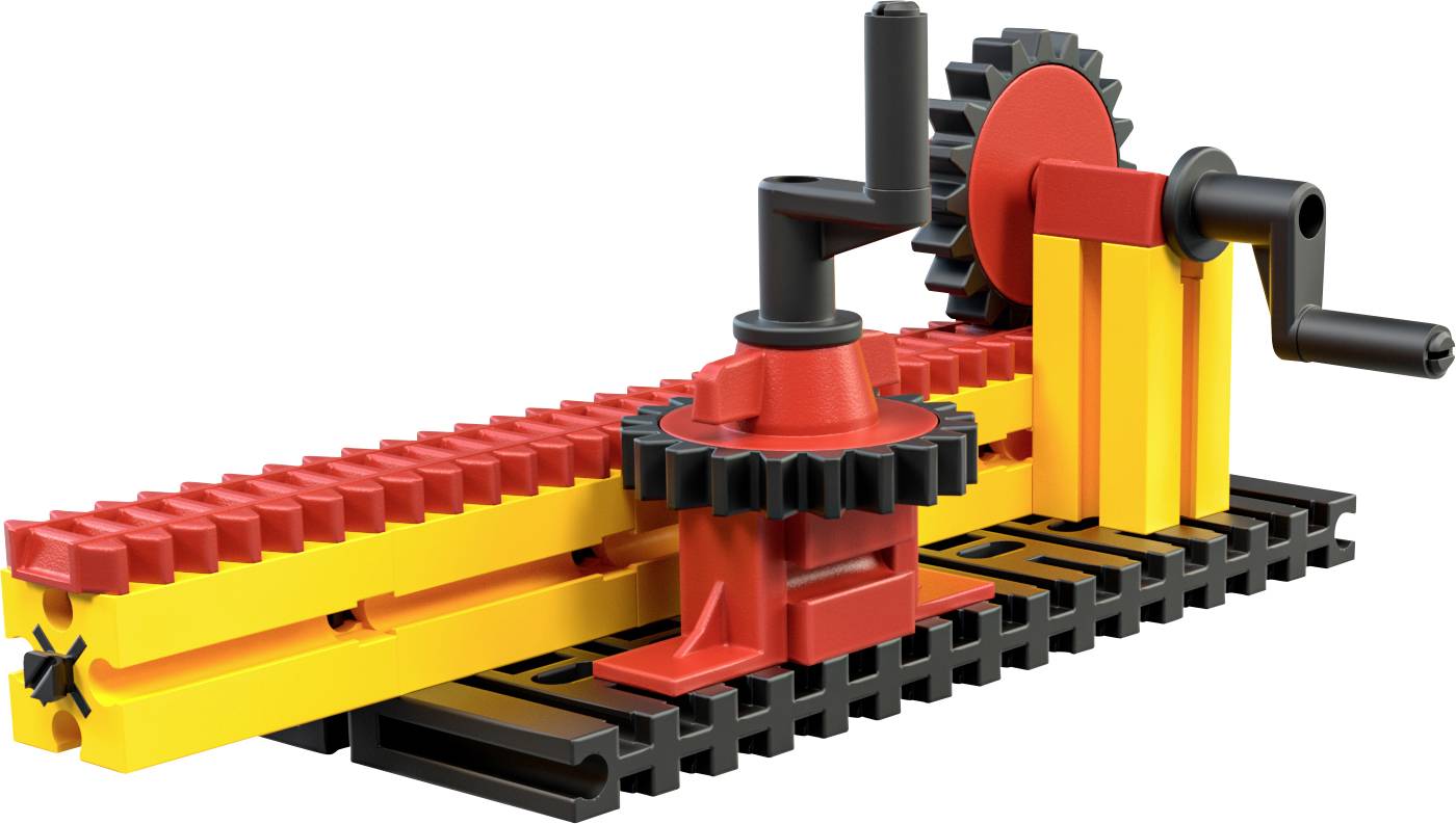 Stavebnicový mechanický model z barevných dílů ukazuje ozubené kolo a klikový mechanismus na obdélníkové základně.