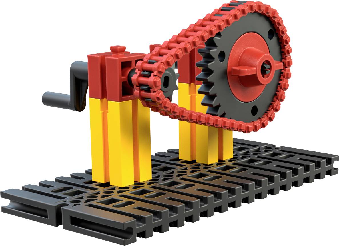 Ozubený systém s červeným řetězem, černým ozubeným kolem a klikou na pruhovaném podkladu, mechanická modelářská sada.