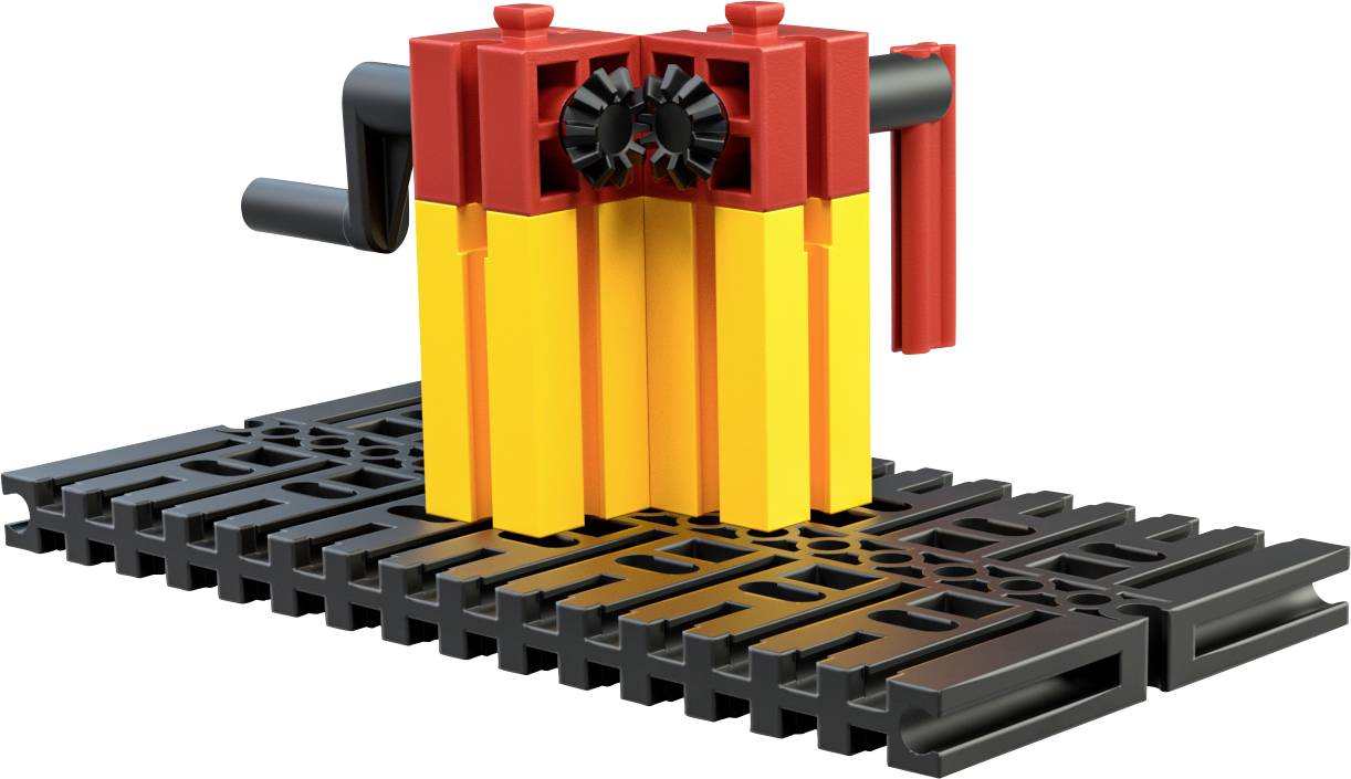 Mechanický model z konstrukčních dílů ukazuje jednoduchý mechanismus převodovky na ploché černé základně.