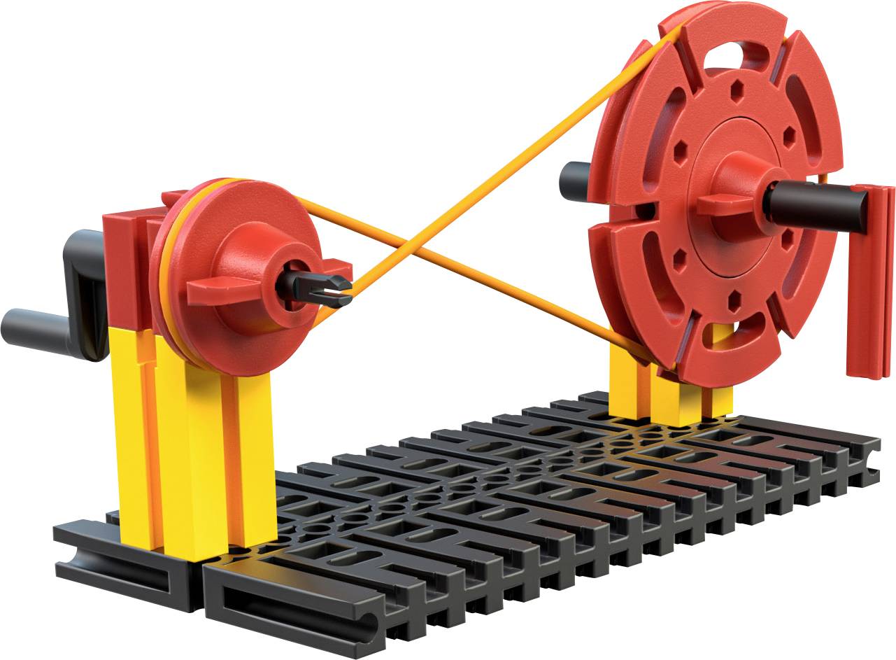 3D model ukazuje mechanické zařízení s ozubenými koly a řemeny na mřížkovém podstavci.