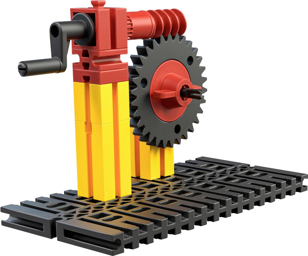 Model LEGO Technic s žlutými stavebními díly, červeným ozubeným kolem a klikou, namontovaný na černé základní desce.