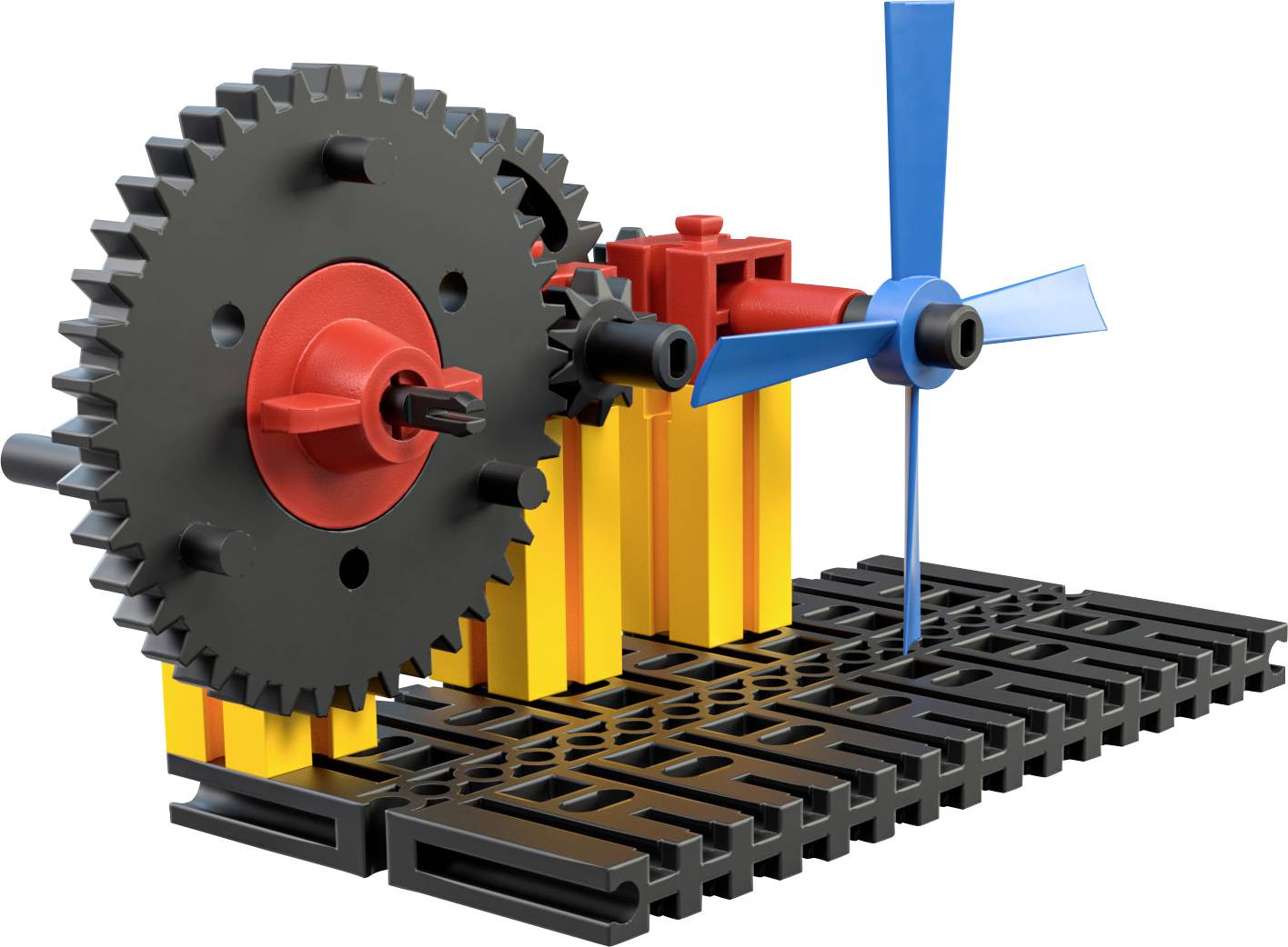 Mechanický model se soukolím a modrou turbínou na černém mřížovém podstavci.