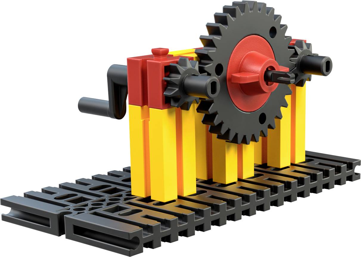 Mechanický model ozubeného kola z barevných stavebních dílků, který obsahuje ruční kliku. Zobrazuje ozubená kola v žluté, červené a černé barvě.