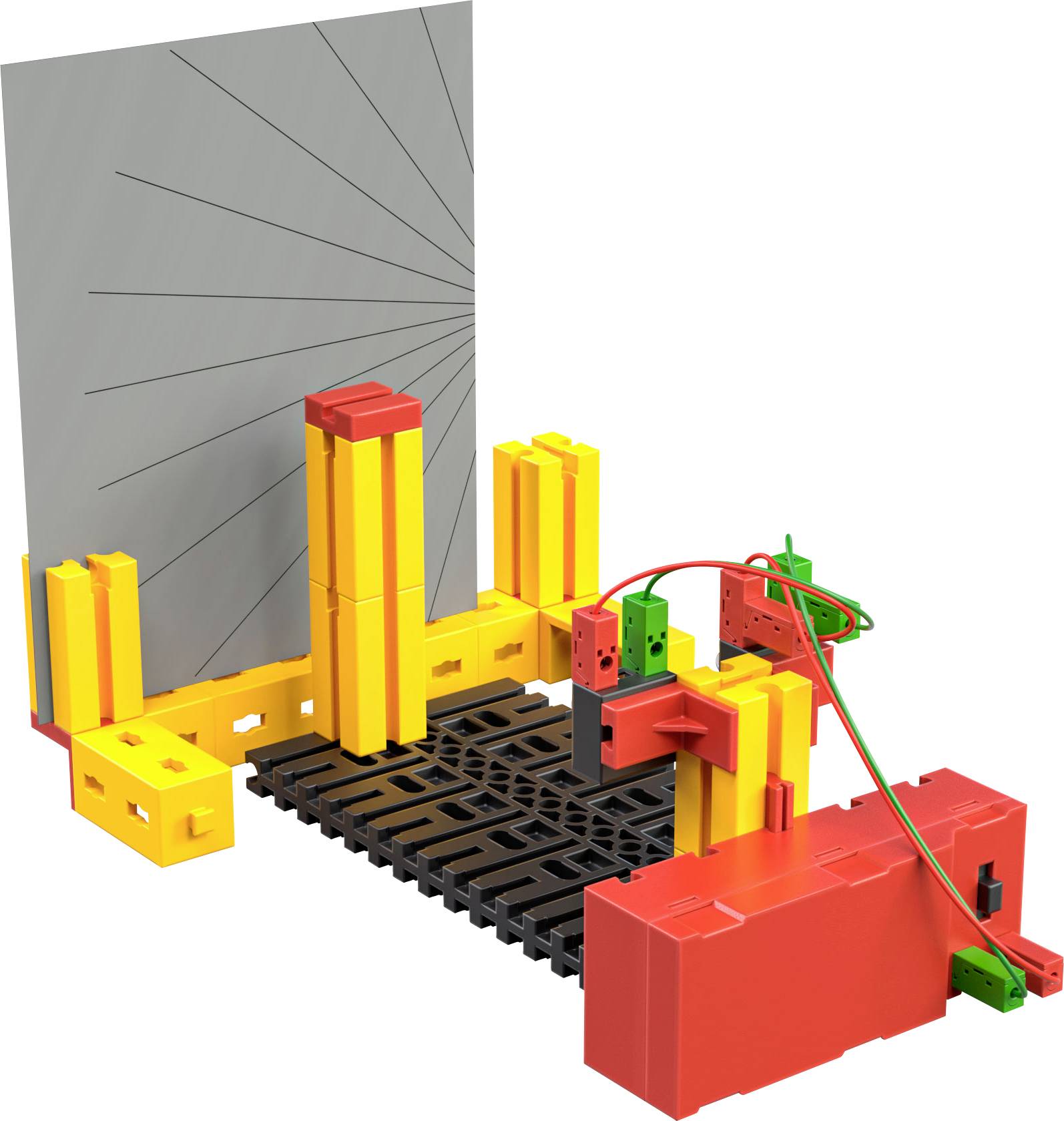 Model LEGO znázorňuje tovární scénu s dopravníkovým pásem, strojními rameny a kabely. V pozadí šedá stěna.