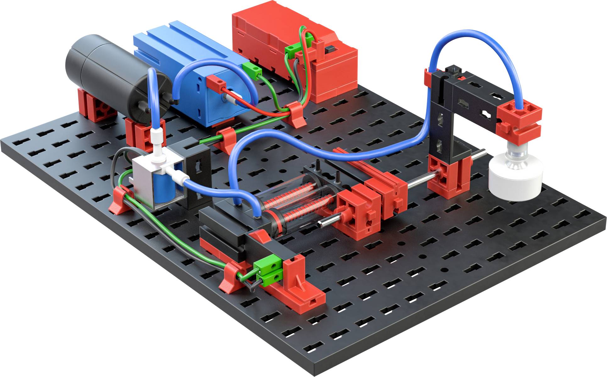 Model hydraulické soustavy umístěný na černé platformě zobrazuje barevné komponenty a hadice vzájemně propojené.