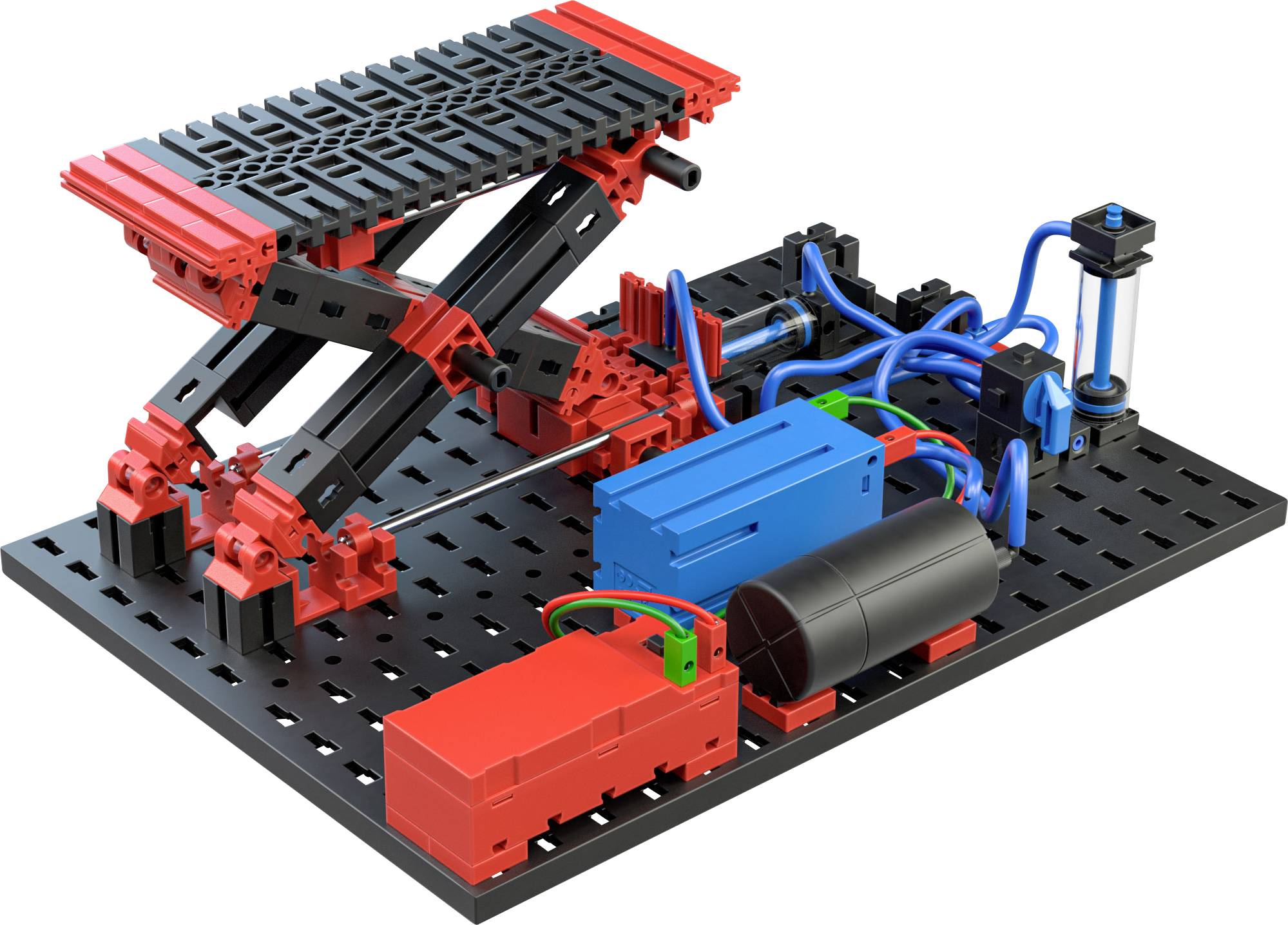 Model hydraulické zdvihací plošiny s červenými a černými komponenty, modrými hadicemi, pístem a elektrickým motorem na černé základní desce.
