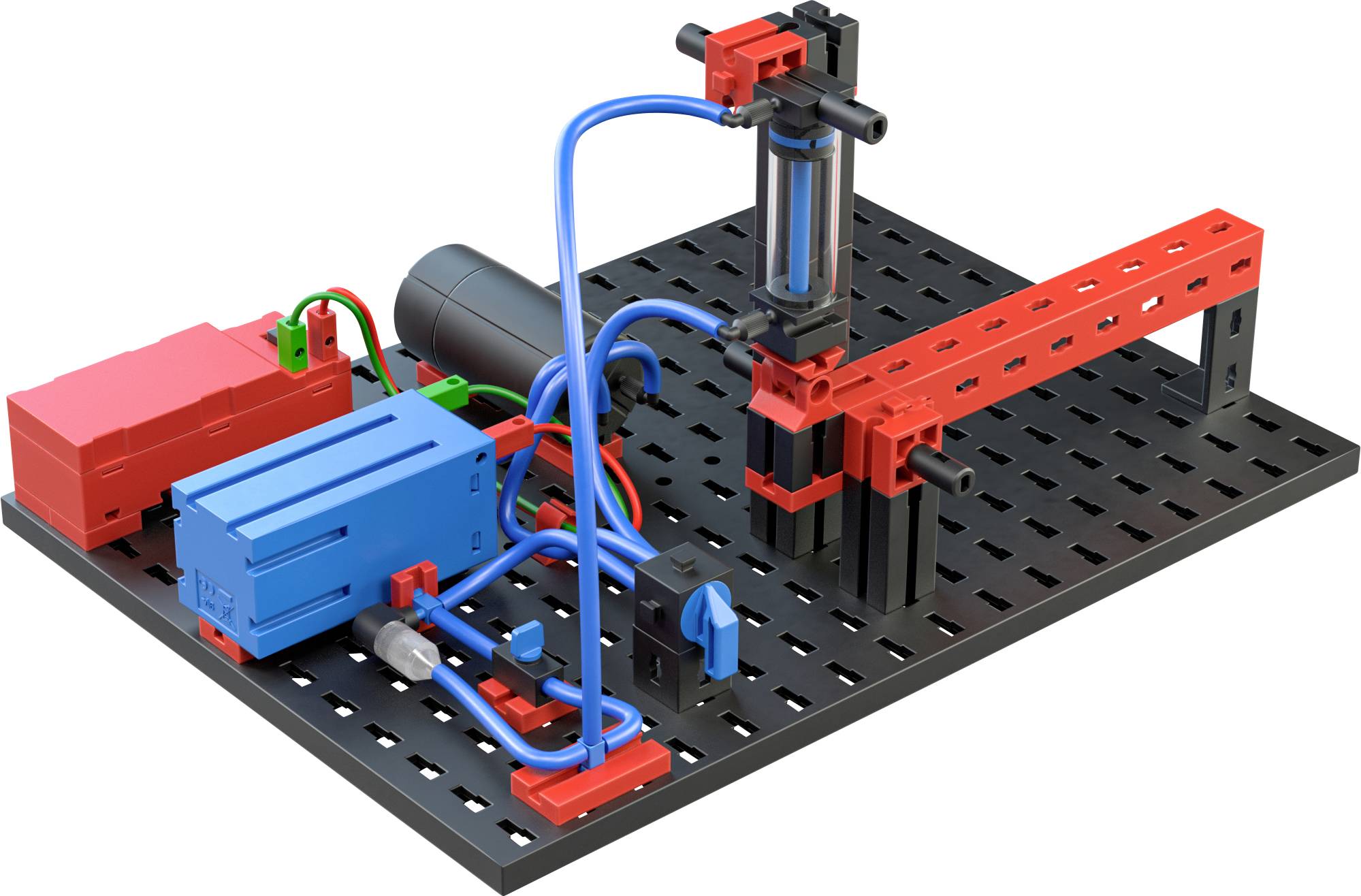 Simulace hydraulického systému. Různobarevné komponenty reprezentují prvky jako válce, čerpadla a potrubí.