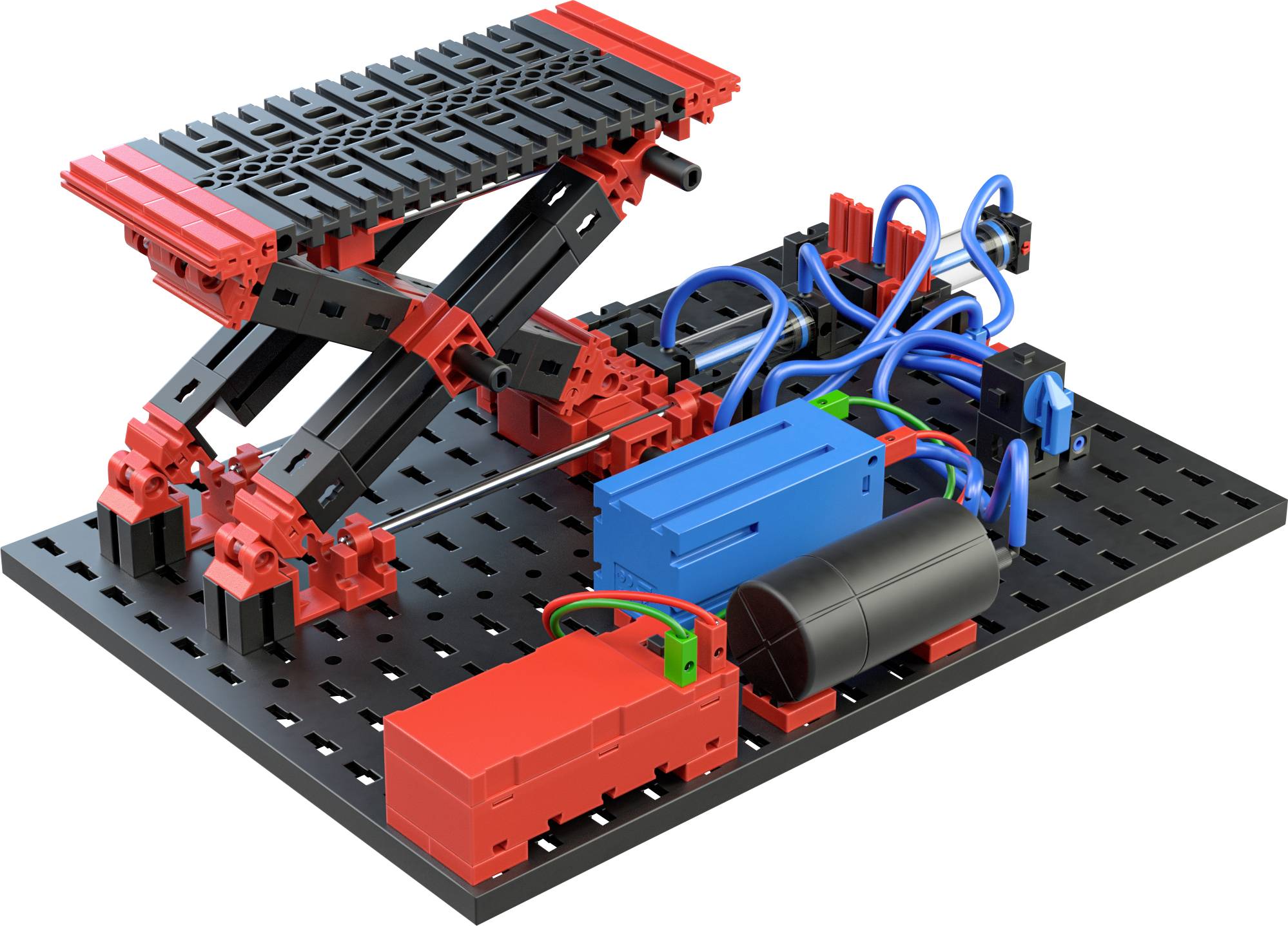 Model zdvihacího zařízení z plastových dílů s modrými a černými kabely umístěný na děrované platformě.