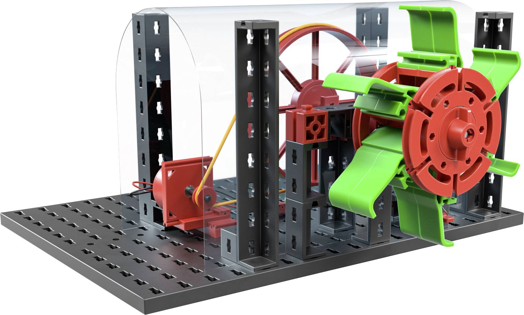 Červený a zelený rotující model větrné turbíny na šedé platformě. Ukazuje mechanismus a strukturu turbíny.