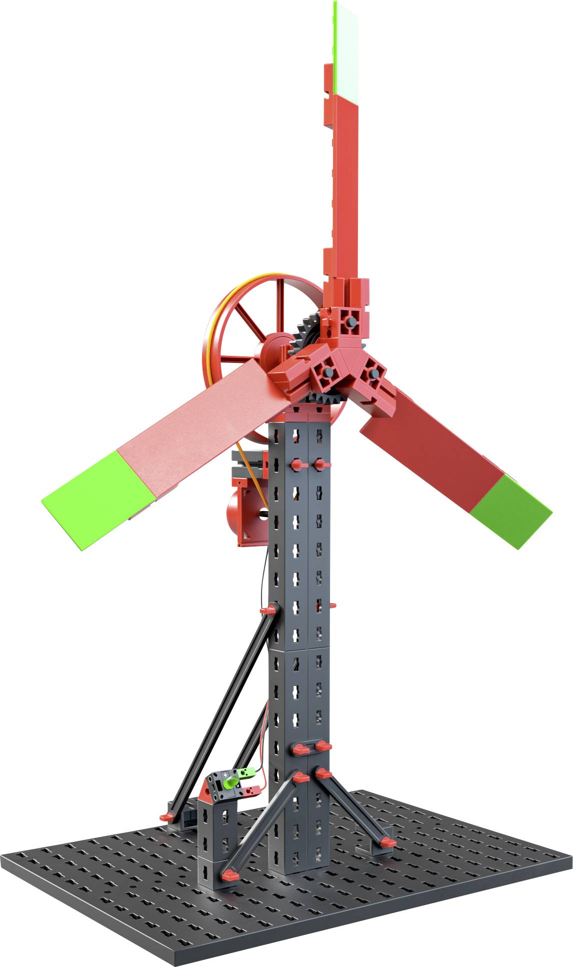 Model větrné turbíny složený z barevných stavebních kostek stojí na černé základně. Turbína má tři rotorová křídla.