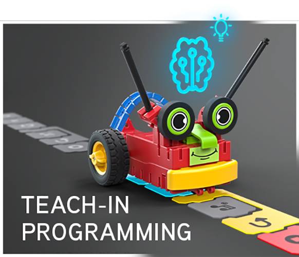 Robotický stavebnicový set ve tvaru vozu se dvěma velkýma očima a anténami ukazuje animaci integrovaného programovacího konceptu.