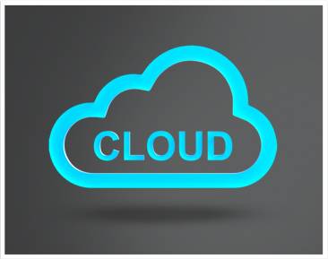 Obrázek zobrazuje stylizovaný symbol cloudu se slovem 'CLOUD' v zářivě modré barvě na šedém pozadí.