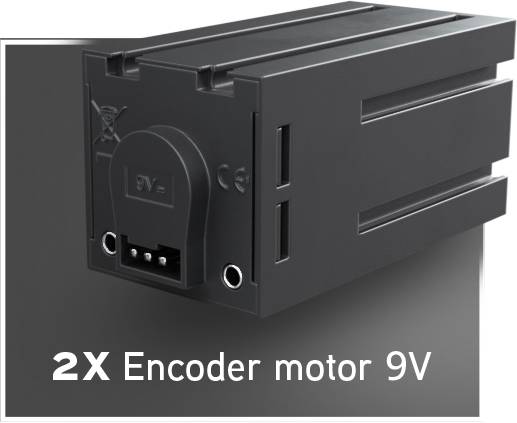Černý 9V enkodérový motorový modul se dvěma připojovacími body, spínačem nahoře a poznámkou '2X enkodérový motor 9V' pod ním.