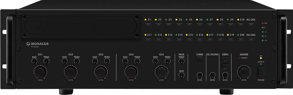 Devítikanálový audiomixer s různými ovladači pro úpravu hlasitosti, nastavení zvuku a vyvážení.