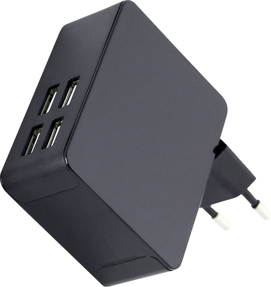 Černá USB nabíječka se čtyřmi USB porty a skládací zástrčkou. Ideální pro současné nabíjení několika zařízení.
