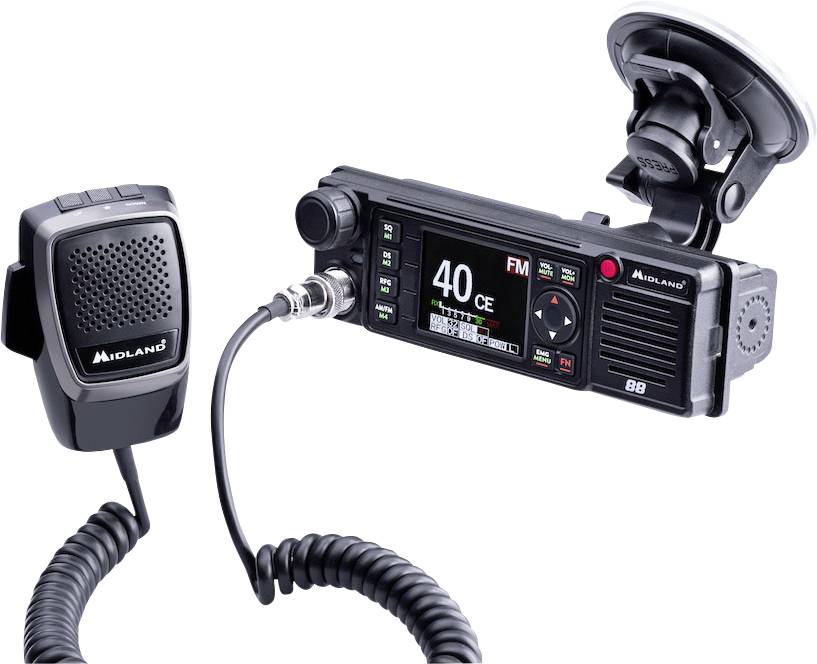 Obrázek ukazuje přenosnou CB radiostanici s mikrofonem. Na displeji je zobrazen kanál 40 a režim FM. Přísavka umožňuje upevnění zařízení.