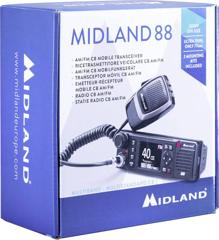 Balení s CB radiostanicí 'MIDLAND 88', které obsahuje AM/FM funkci, multifrekvenční možnosti a mikrofon.