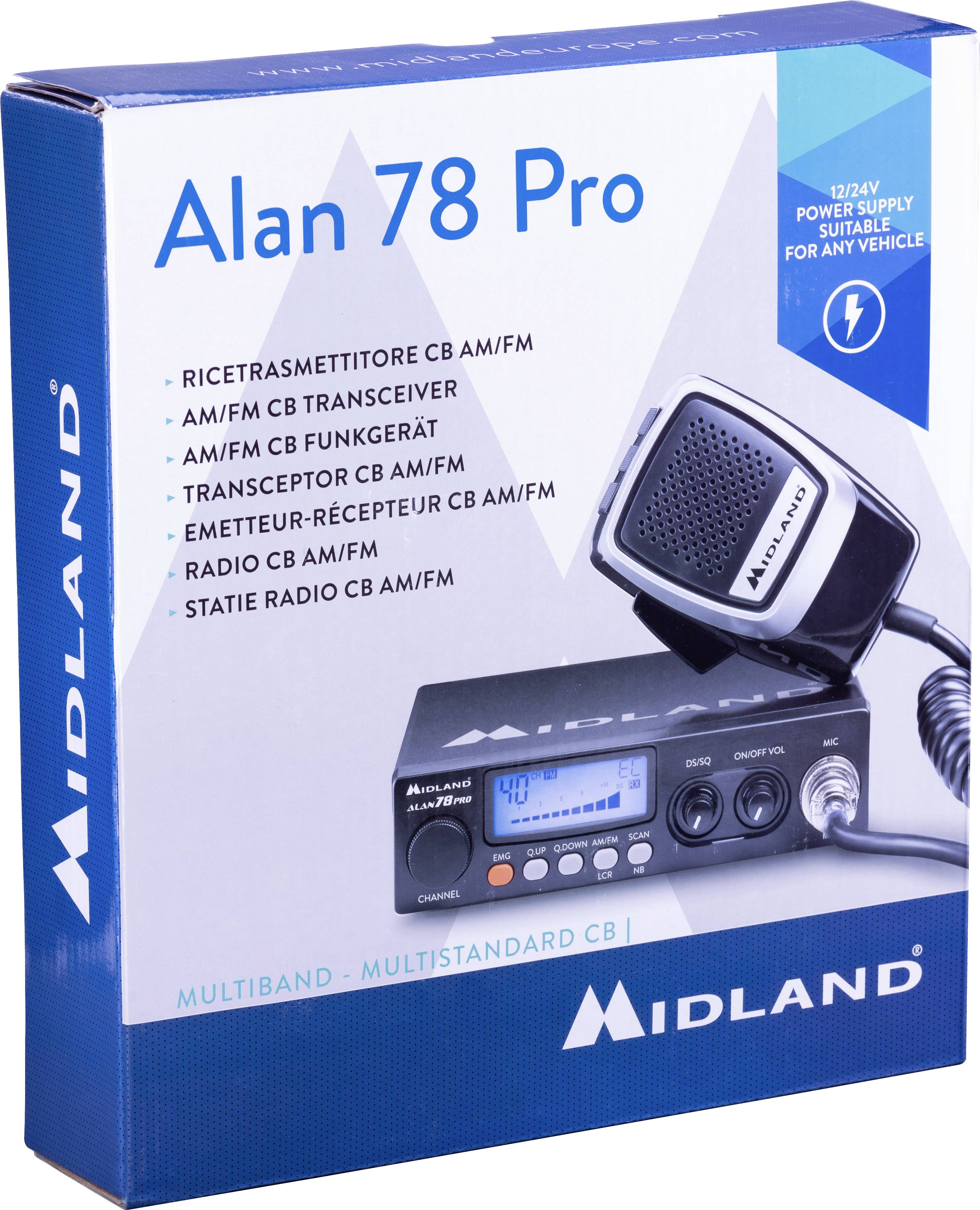 Vysílačka Alan 78 Pro od značky Midland v originálním balení, včetně mikrofonu a nabíjecího kabelu, vhodná pro pásma AM/FM, napájení 12/24V.