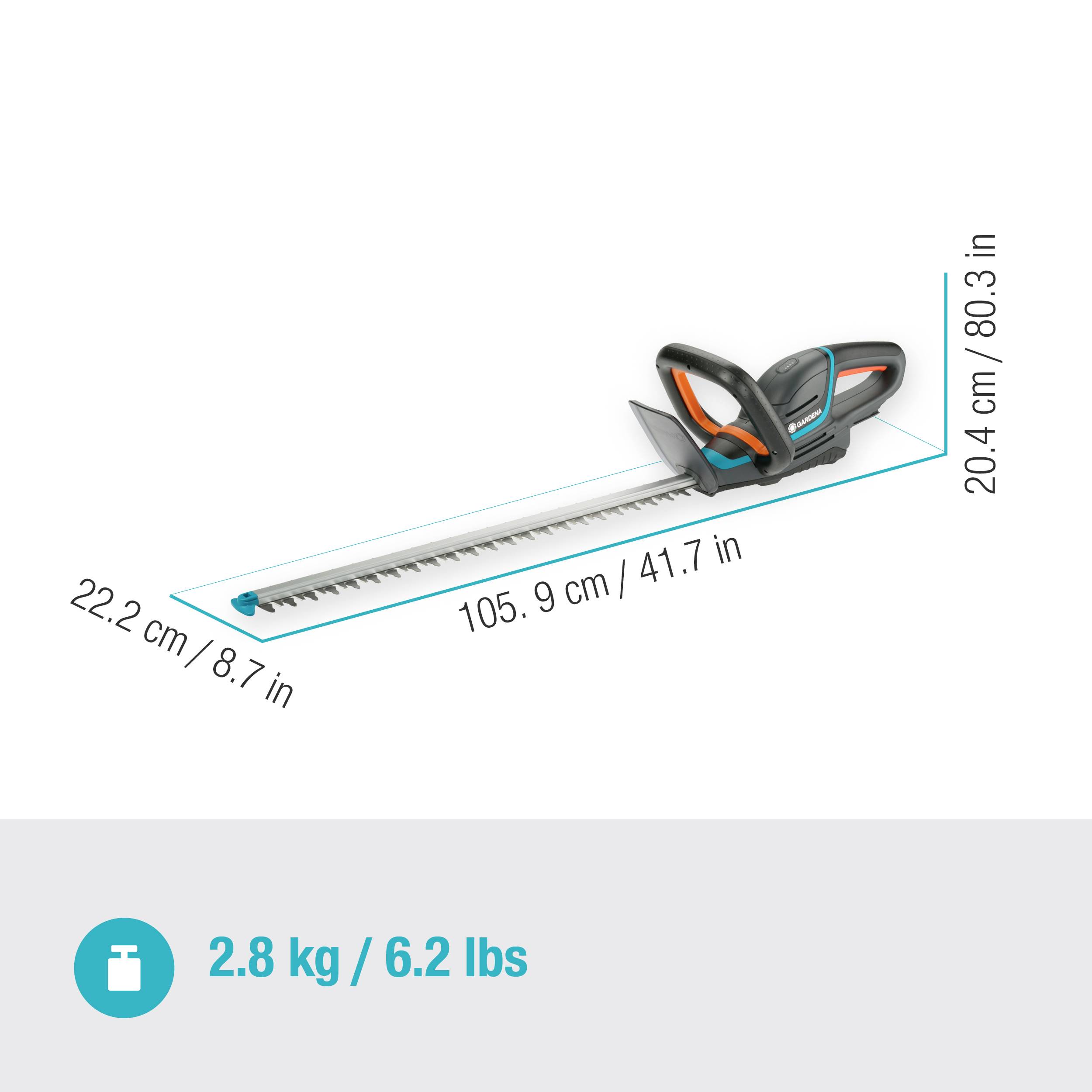 Nůžky na živý plot s rozměry: délka 105,9 cm (41,7 palce), výška 20,4 cm (8,0 palců), šířka 22,2 cm (8,7 palců), hmotnost 2,8 kg (6,2 liber).