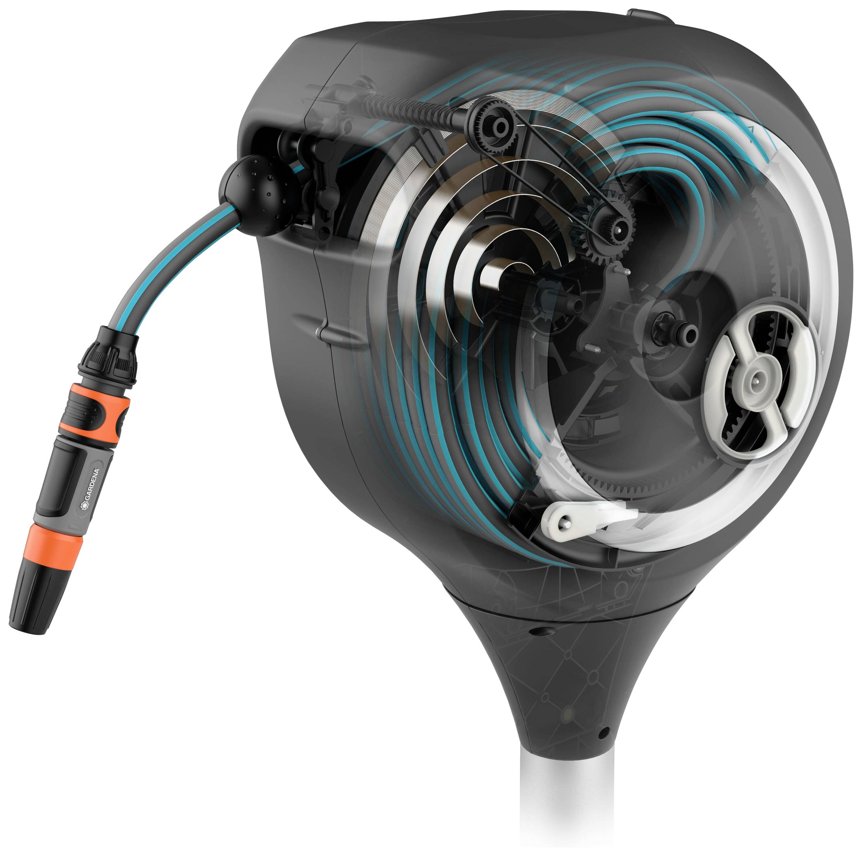 Automatický zahradní navíječ hadice s průhledným krytem, který zobrazuje mechanismus a navinutou hadici.