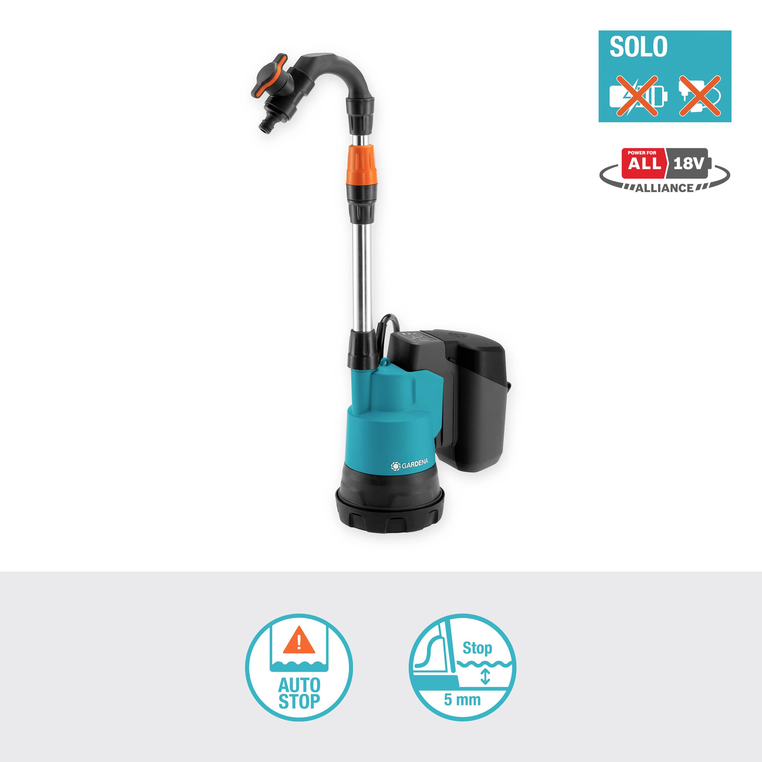 Modrá vodní pumpa s oranžovou rukojetí. V pravém horním rohu jsou symboly naznačující použití bez baterie. Dole symboly pro 'Auto Stop' a výšku vody 5 mm.