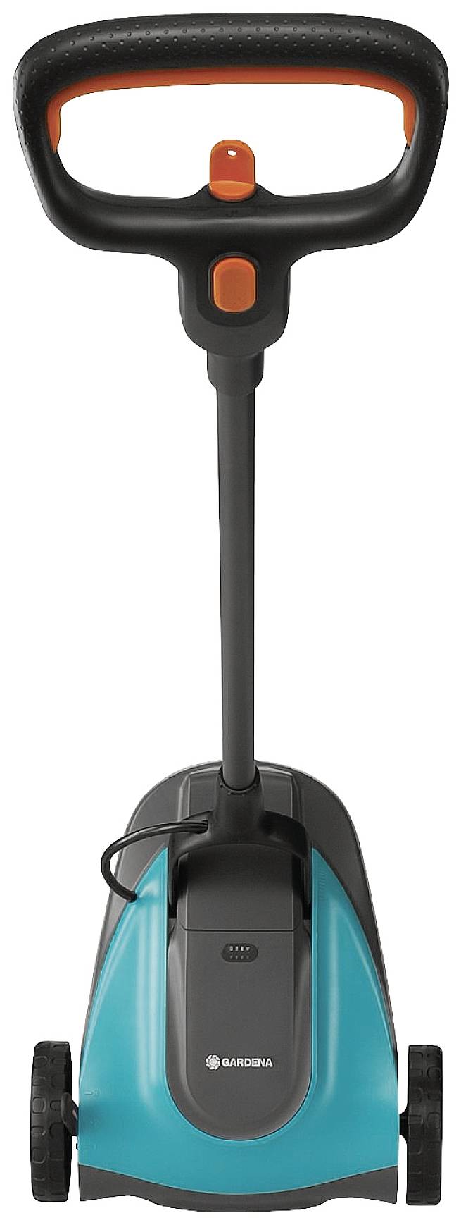 Ruční rozmetadač s ergonomickou rukojetí, modrý kontejner a černý rám. Název značky je viditelný v bílé barvě na kontejneru.