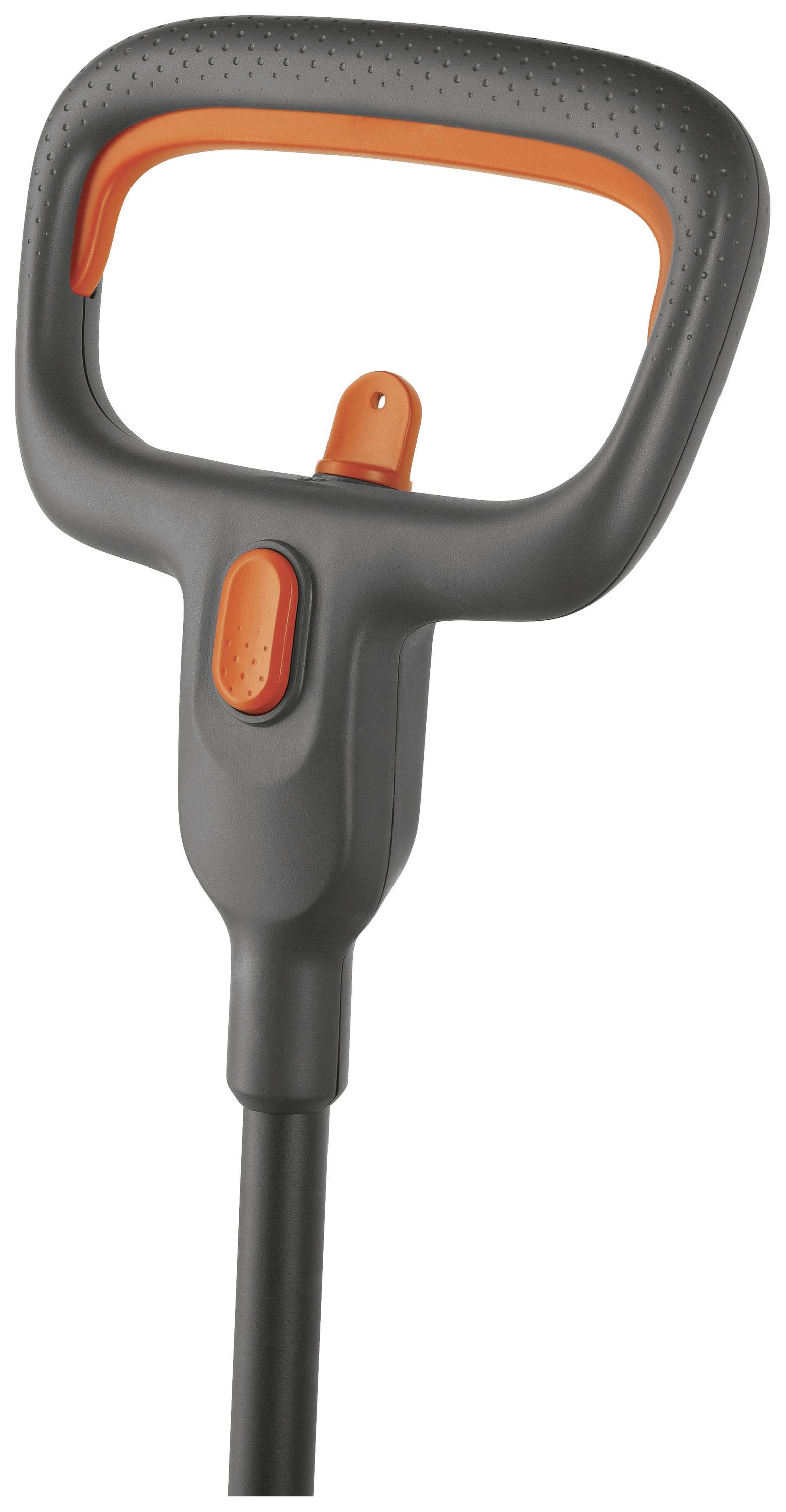 Černá rukojeť s červeným spínačem, vhodná pro zahradní nářadí. Rukojeť má ergonomický tvar pro lepší uchopení.