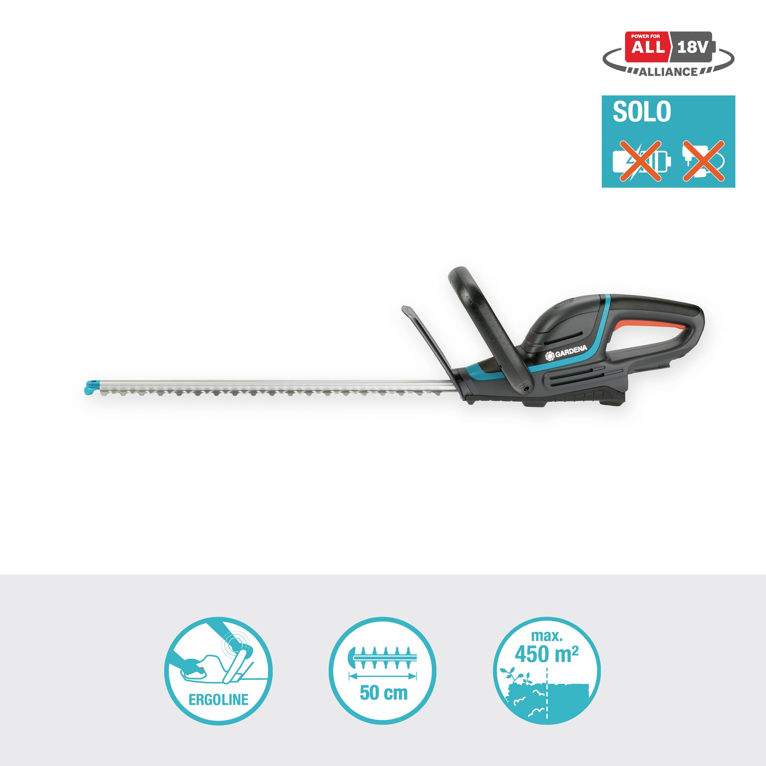 Nůžky na živý plot s délkou střihu 50 cm. Obsahuje symboly ergonomie, samostatného použití a maximální plochy 450 m²; součást 18V aliance.