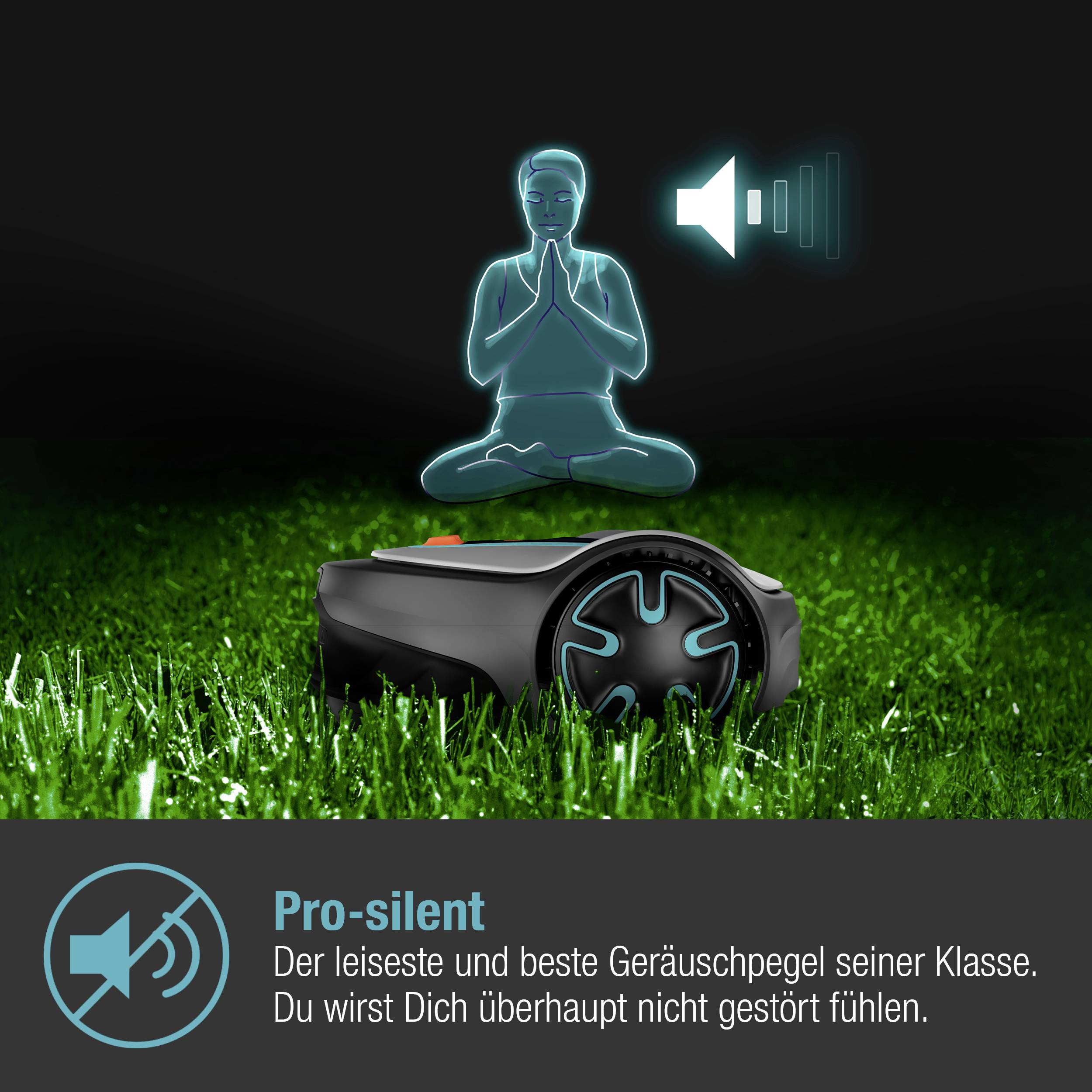 Osoba sedí v meditativní pozici nad černým zařízením na trávě. Text: 'Pro-silent, nejtišší a nejlepší hlukový profil ve své třídě.'