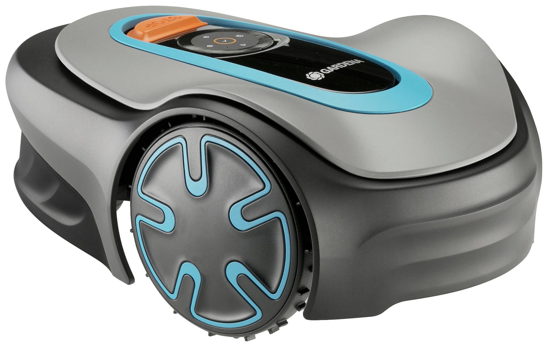 Šedý a modrý sekací robot s moderními designovými prvky, zobrazený na bílém pozadí.