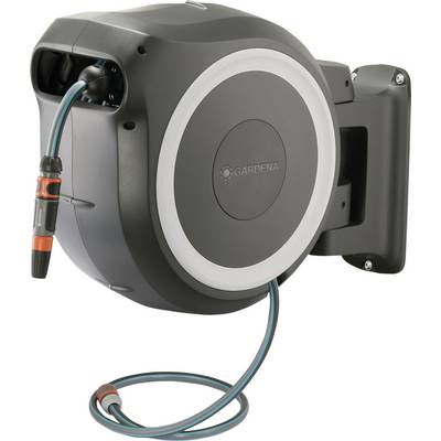Automatický navíjecí vodní hadice namontovaný na stěně, s hadicí v modro-šedém designu, vhodný pro použití v zahradě.