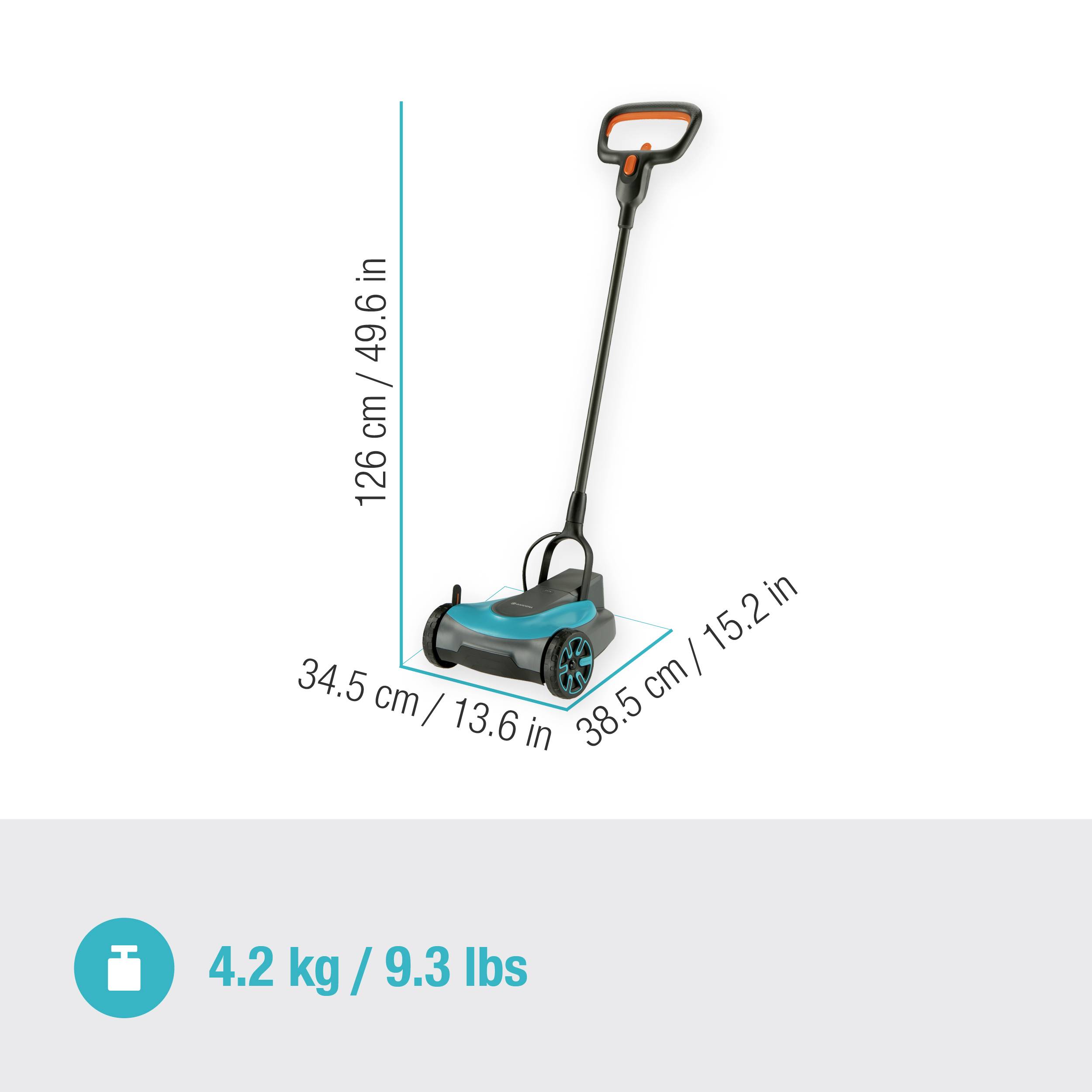 Elektrická ruční sekačka s rozměry: výška 126 cm, šířka 34,5 cm, délka 38,5 cm. Hmotnost: 4,2 kg (9,3 lbs).