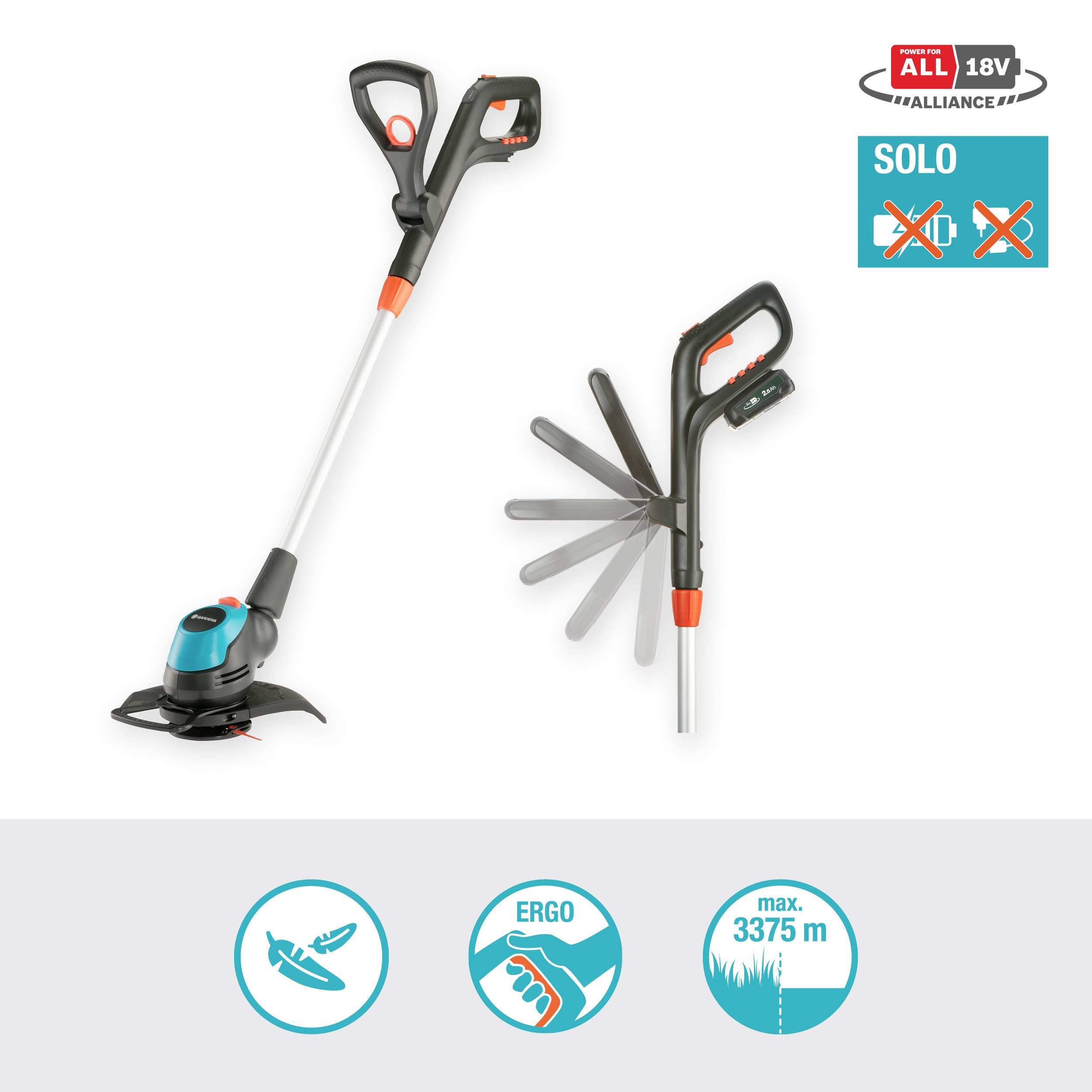 Akumulátorový travní trimr s ergonomickou rukojetí, naklápěcí hlavou a 18V akumulátorem. Vhodný pro travnaté plochy až do 3375 m². Model: Solo.