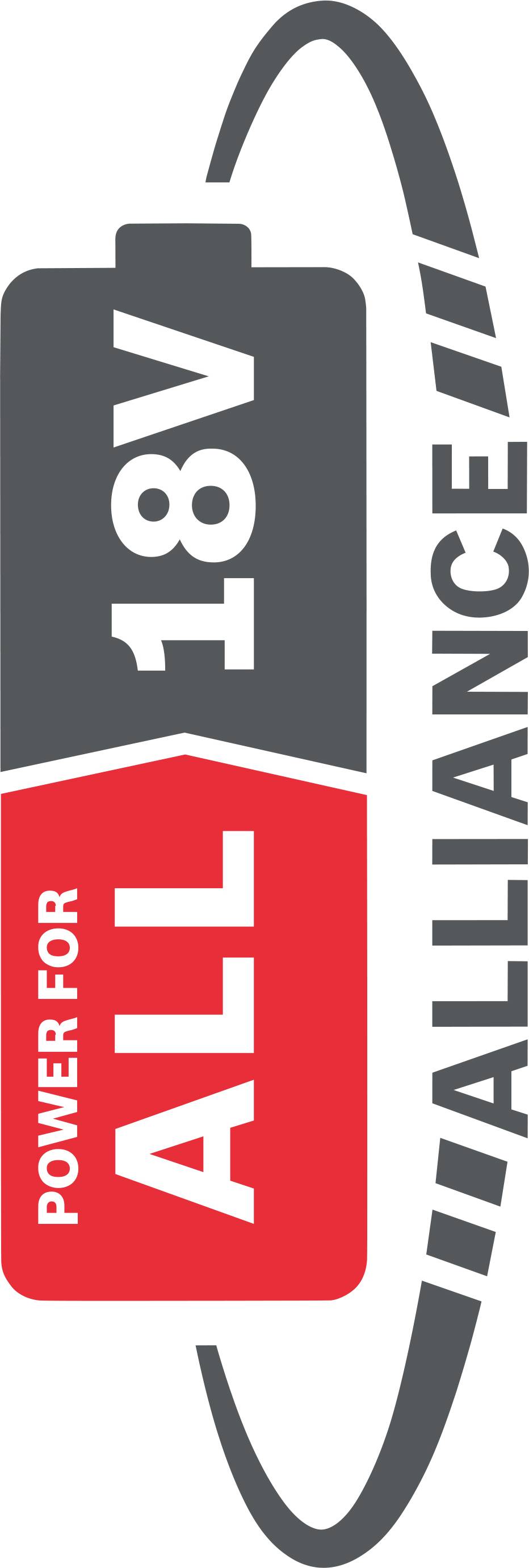 Logo 'POWER FOR ALL 18V ALLIANCE' s grafickým znázorněním baterie.