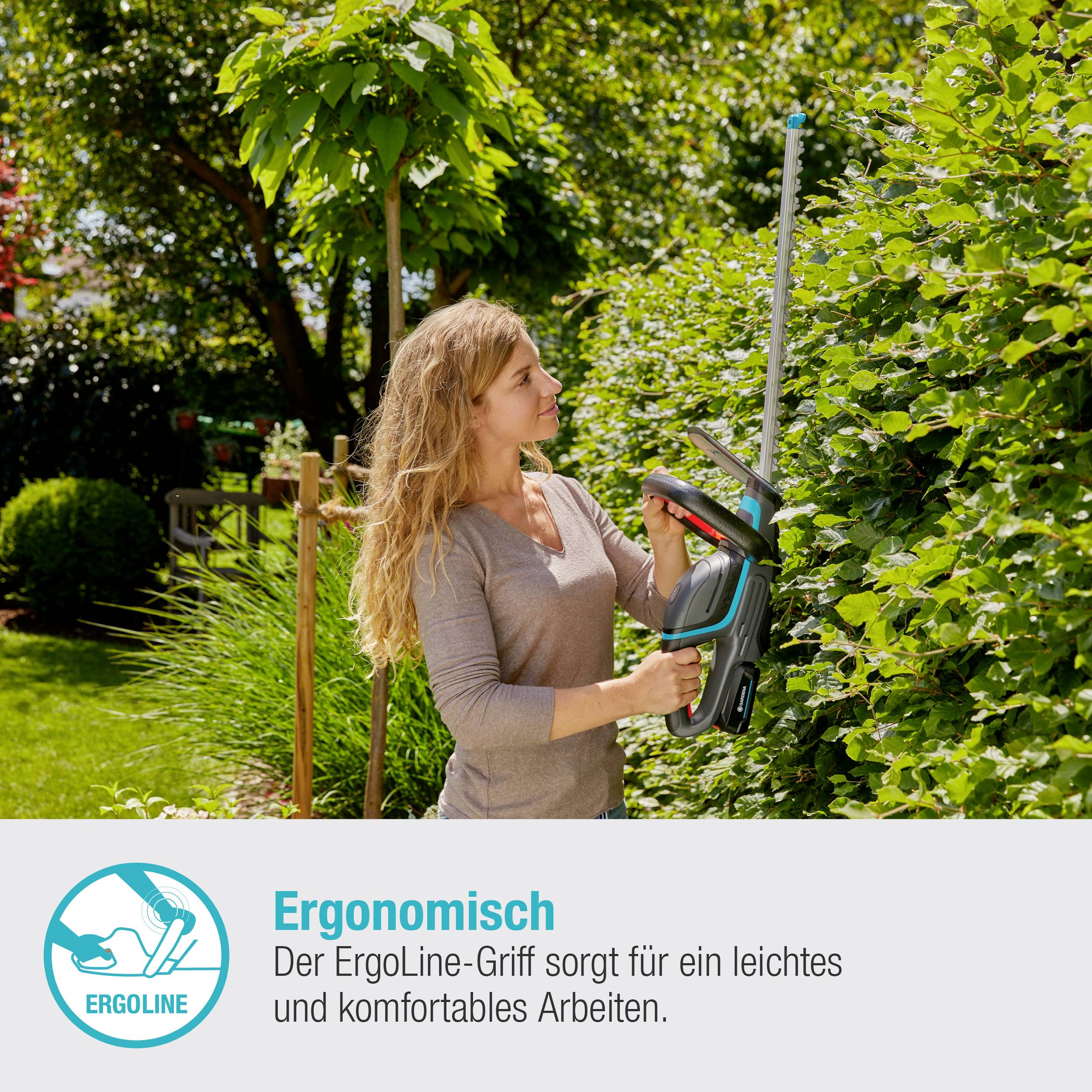 Žena stříhá živý plot na zahradě pomocí plotostřihu. Text: 'Ergonomické - Rukojeť ErgoLine zajišťuje snadnou a pohodlnou práci.'