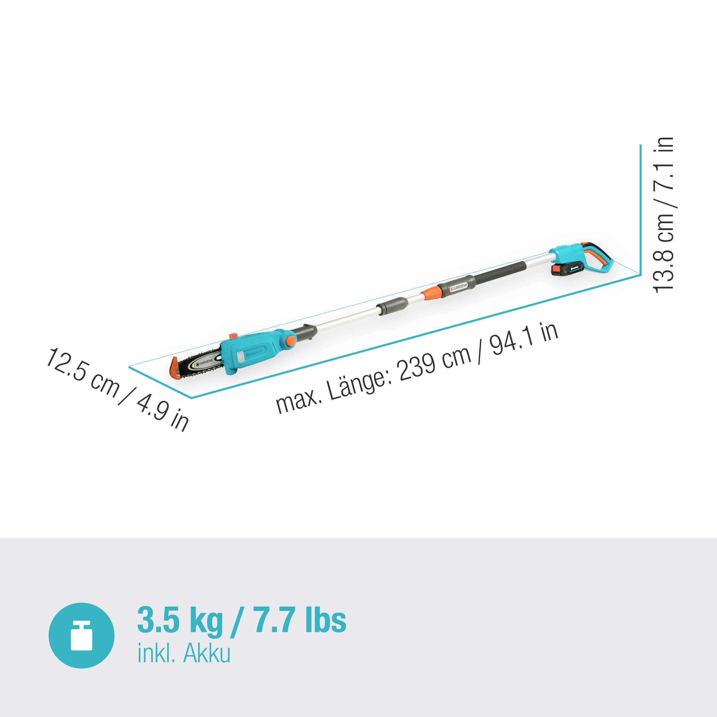 Teleskopické akumulátorové nůžky na živý plot, maximální délka 239 cm, hmotnost 3,5 kg včetně akumulátoru, rozměry 12,5 x 13,8 cm.