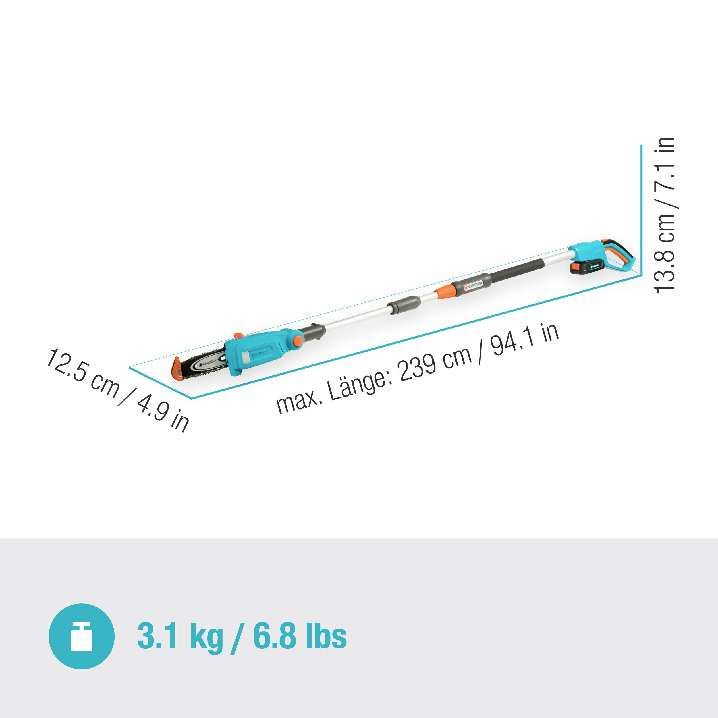 Teleskopická zahradní pila s výsuvnou tyčí, maximální délka 239 cm. Hmotnost: 3,1 kg. Rozměry: 12,5 cm šířka, 13,8 cm výška.