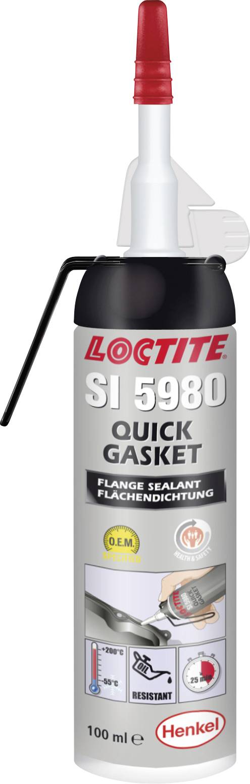 Obrázek zobrazuje tubu 'Loctite SI 5980 Quick Gasket', produktu určeného k utěsnění přírubových spojení, s červeným uzávěrem.