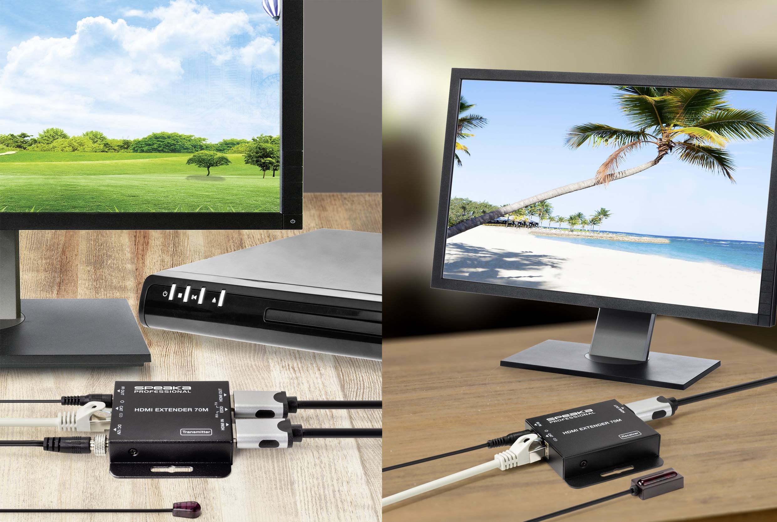 Dva monitory s odlišnými krajinami: vlevo zelené pole, vpravo pláž. Oba jsou připojeny pomocí HDMI extenderu.